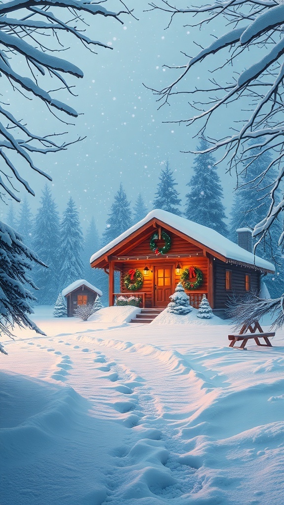 A festive Christmas gacha background with a snowy cabin, twinkling lights, and falling snowflakes.